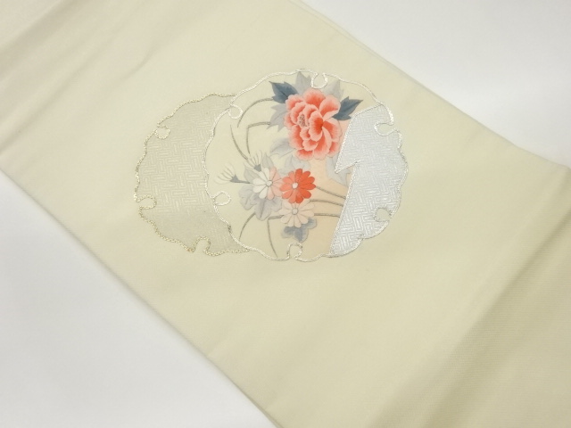 金駒刺繍雪輪に牡丹・菊模様名古屋帯